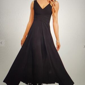 Jumpsuit/Pantsuit V-Neck Floor-Length Chiffon "Dress" With Ruffle- Black-Size 12
